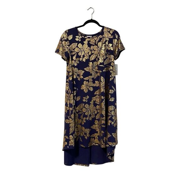 LuLuRoe Womens CARLY Swing Dress Short Sleeve Blue Gold Metallic Hi Lo XS NEW - Picture 2 of 5